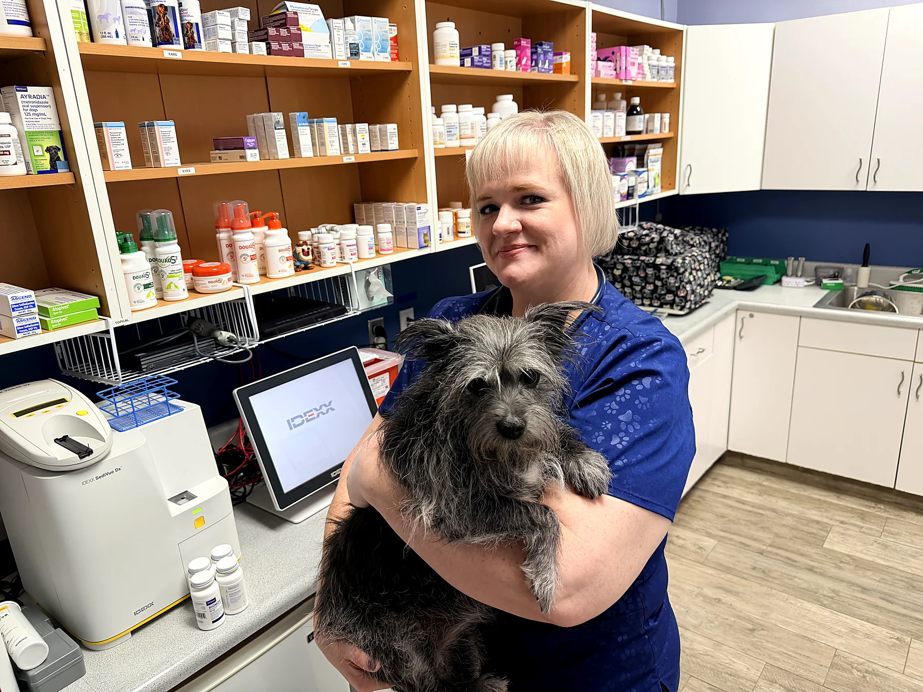 A Pecan Grove team member holding a scruffy black puppy