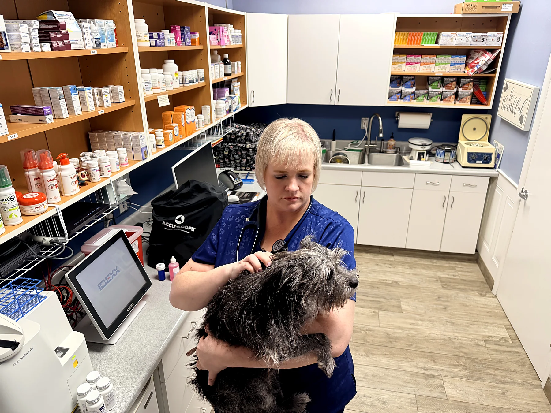 A team member cuddling a small black dog in the pharmacy